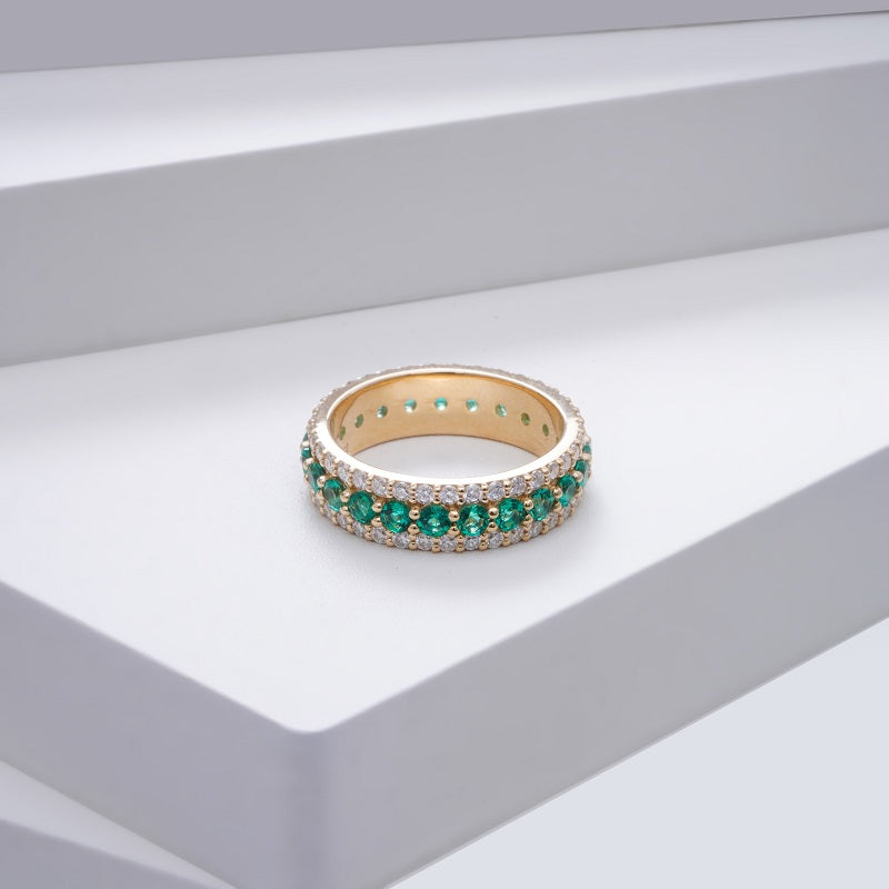 Zambian Lab-Grown Emerald and Moissanite Eternity Band Ring in 14K Solid Yellow Gold