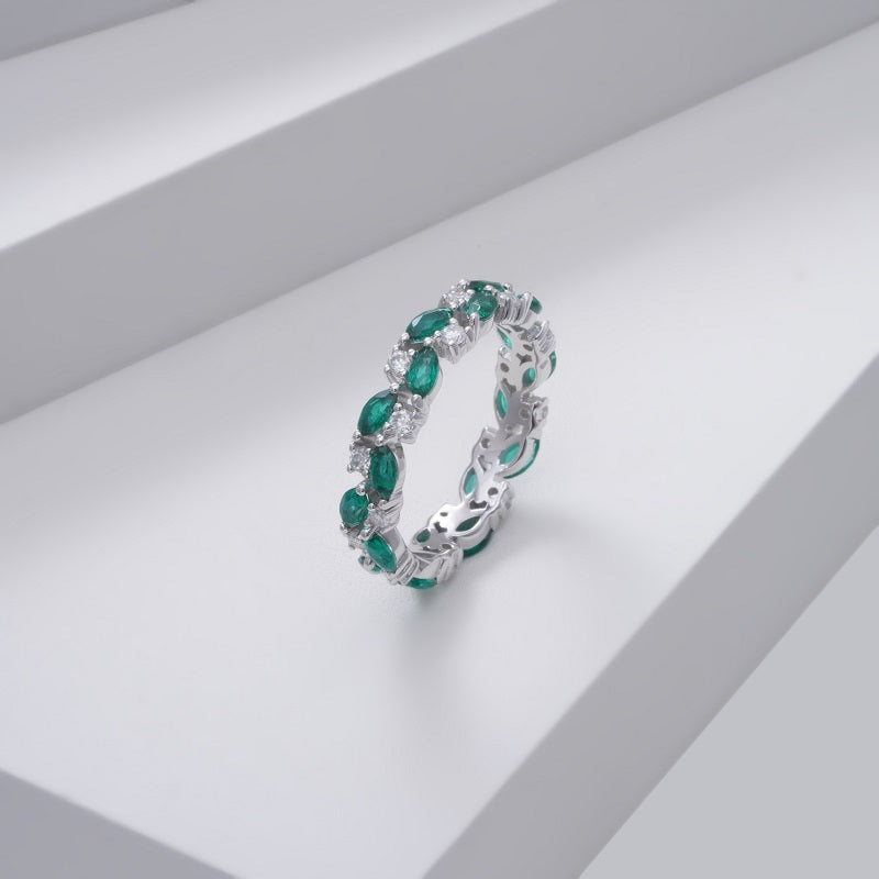 Lab-Grown Marquise cut Zambian Emerald and Round Moissanite Eternity Band Ring in 14K Solid White Gold