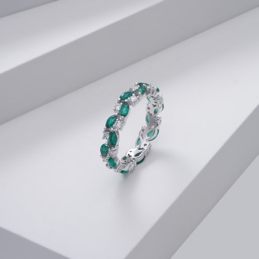 Lab-Grown Marquise cut Zambian Emerald and Round Moissanite Eternity Band Ring in 14K Solid White Gold