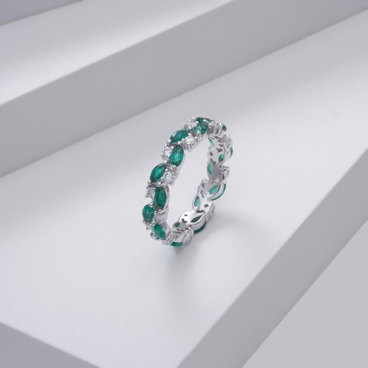 1.30ctw Lab-Grown Marquise Zambian Emerald & Round Diamond Eternity Band Ring in 14K White Gold