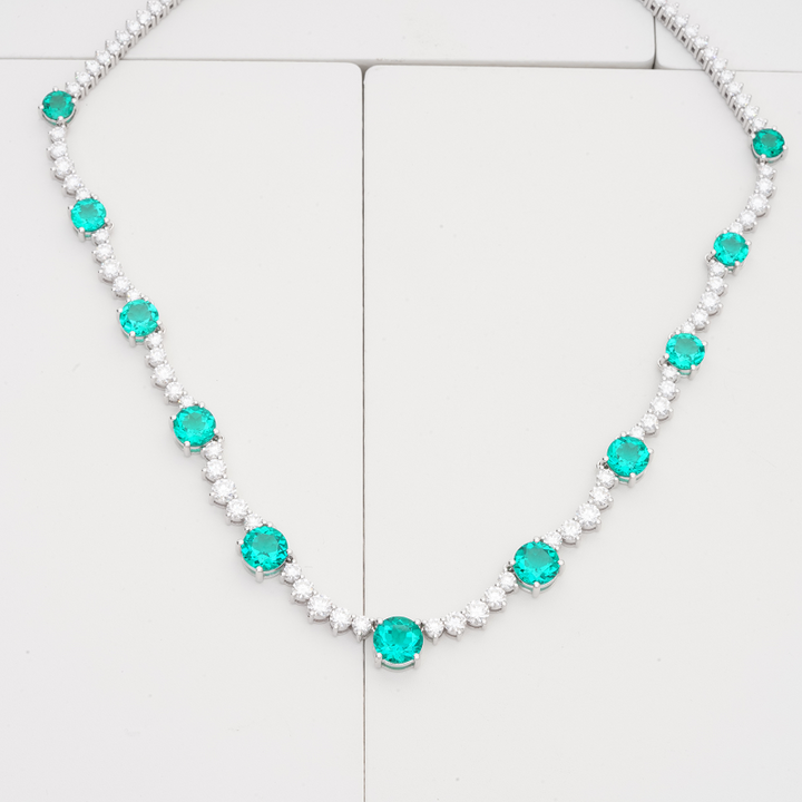 10ctw Round Lab-Grown Colombian Emerald with Tennis Moissanite Necklace in 14K White Gold