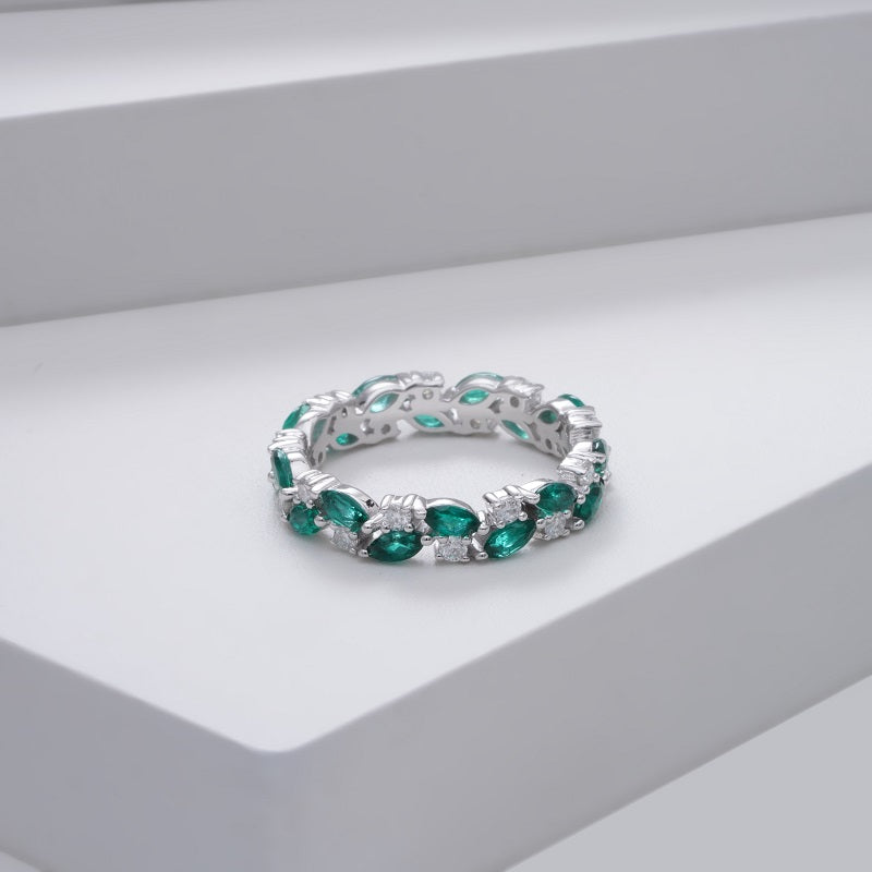 Lab-Grown Marquise cut Zambian Emerald and Round Moissanite Eternity Band Ring in 14K Solid White Gold