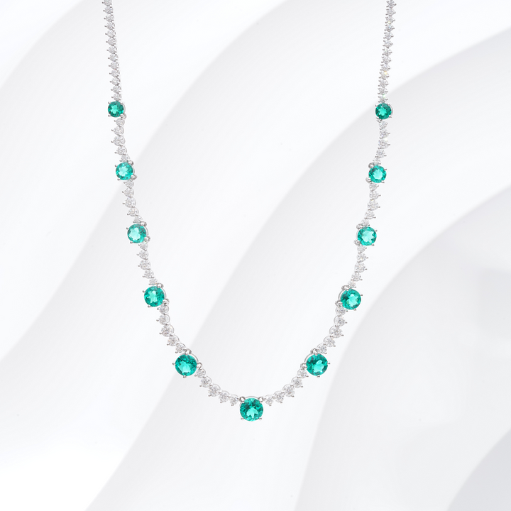 10ctw Round Lab-Grown Colombian Emerald with Tennis Moissanite Necklace in 14K White Gold