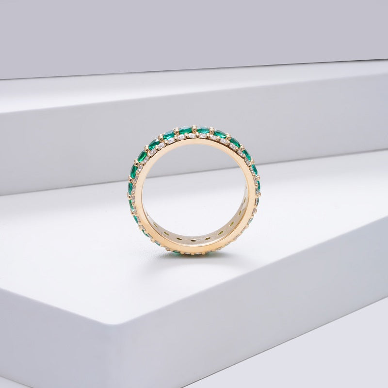 Zambian Lab-Grown Emerald and Moissanite Eternity Band Ring in 14K Solid Yellow Gold