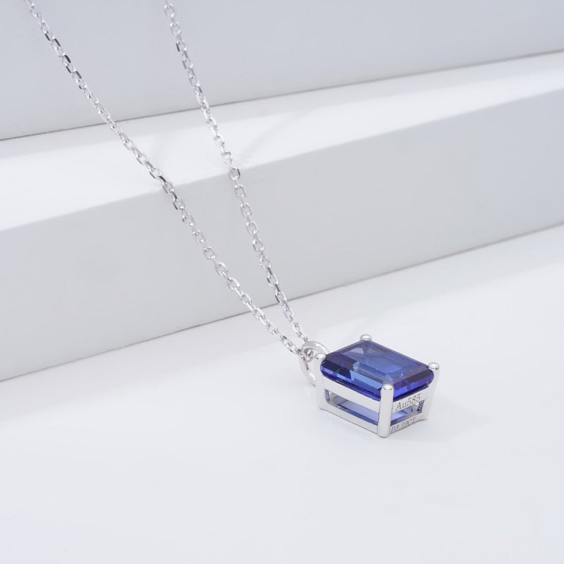 7*9mm, 3ct Emerald Cut Blue Sapphire Pendant Necklace in 14K Solid White Gold