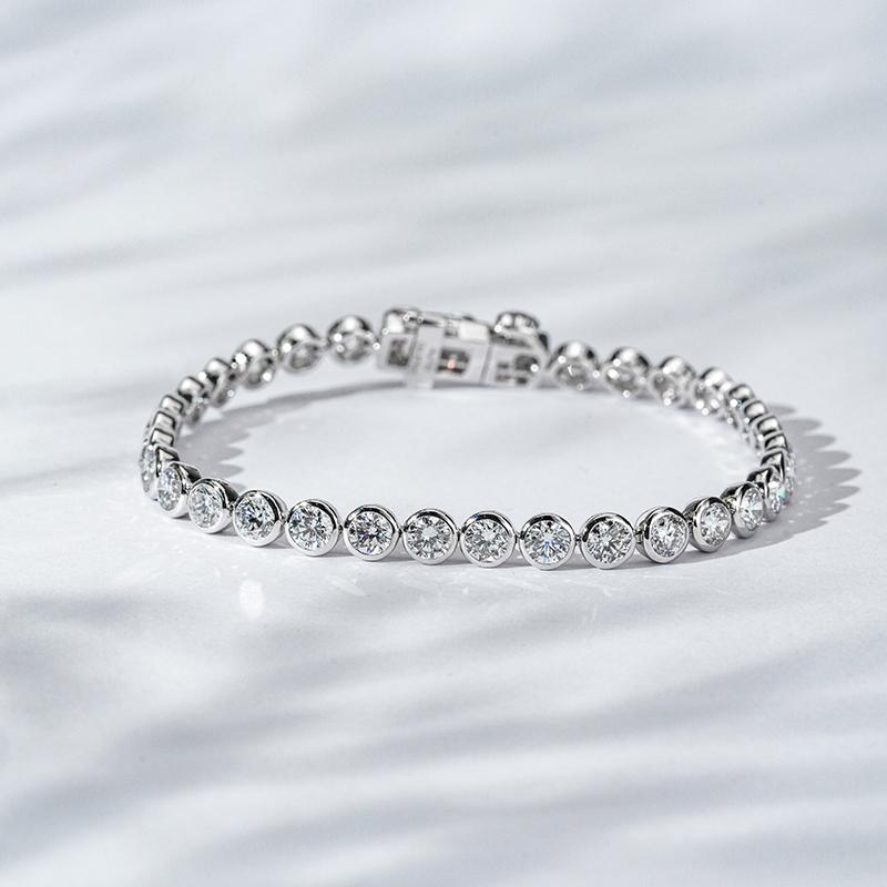 3.7mm, 7ct Bezel-Set Round Cut Diamond Tennis Bracelet in 18K Solid White Gold