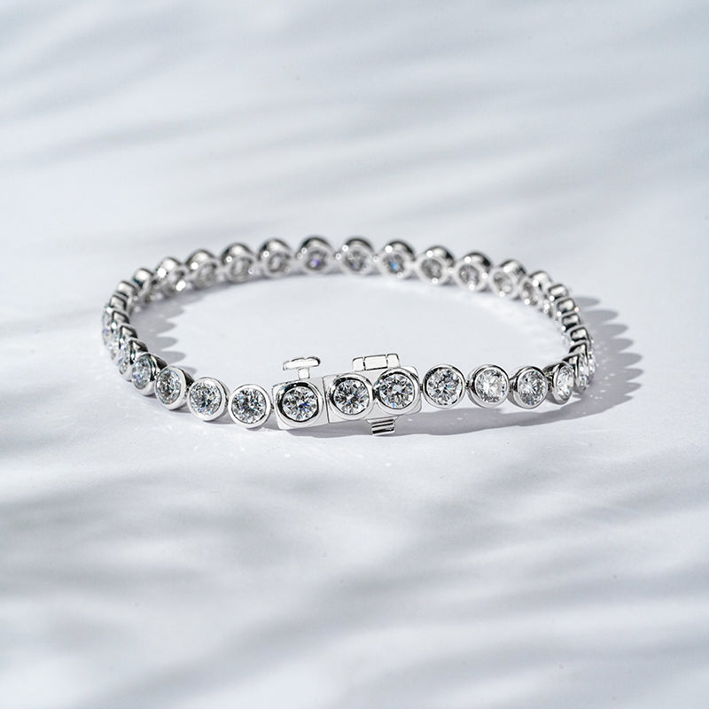 3.7mm, 7ct Bezel-Set Round Cut Diamond Tennis Bracelet in 18K Solid White Gold