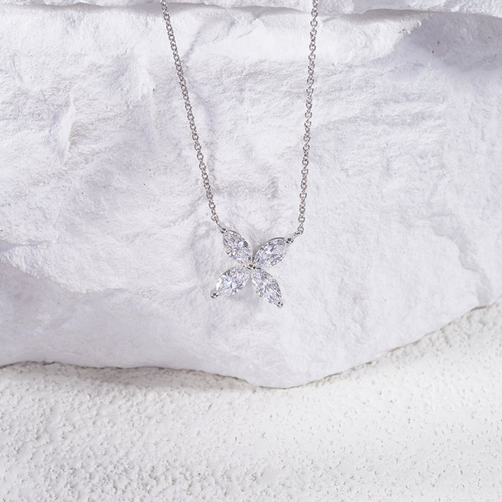 12mm, 0.9ct Marquise Cut Lab Diamond 4-Petal Flower Pendant Necklace in 18K Solid White Gold