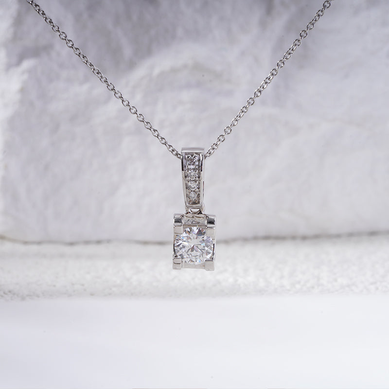 5mm, 0.6ct Round Cut Lab Diamond Pendant with Pavé-Bail Necklace in 18K Solid White Gold