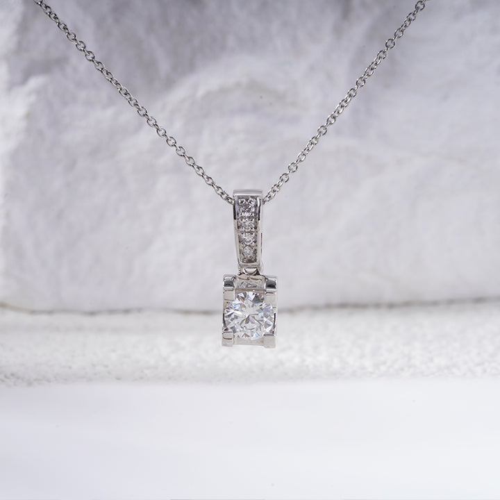 5mm, 0.6ct Round Cut Lab Diamond Pendant with Pavé-Bail Necklace in 18K Solid White Gold