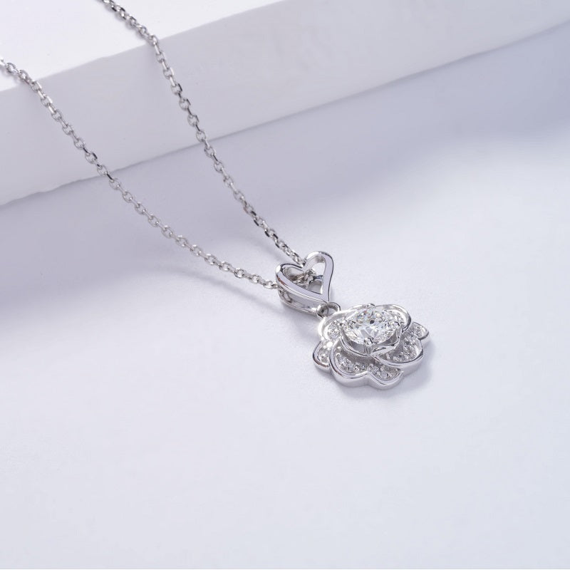 10mm, 0.5ct Round Cut Lab Diamond Rose Pendant Necklace in 18K Solid White Gold