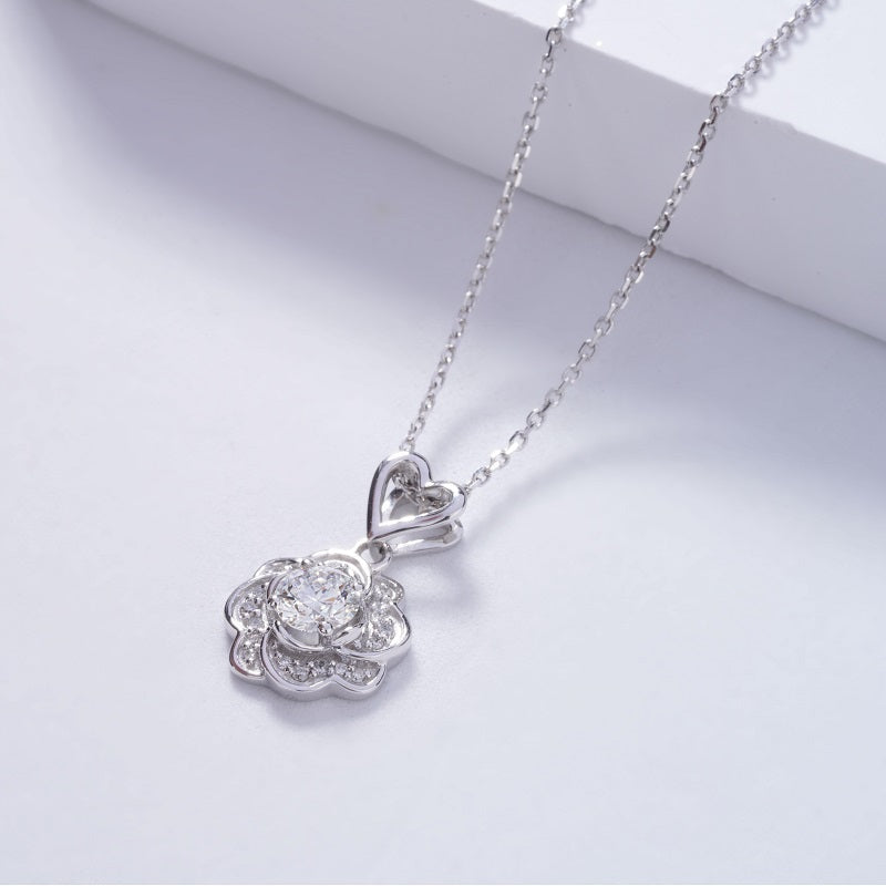 10mm, 0.5ct Round Cut Lab Diamond Rose Pendant Necklace in 18K Solid White Gold