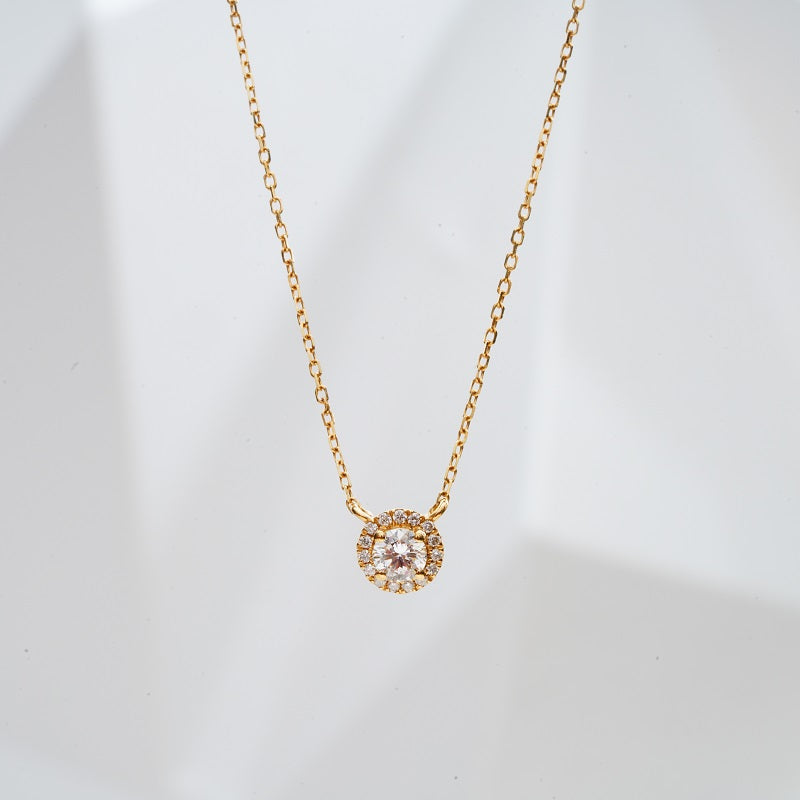 6mm, 0.3ctw Round Cut Lab Diamond with Halo Pendant Necklace in 18K Solid Yellow Gold