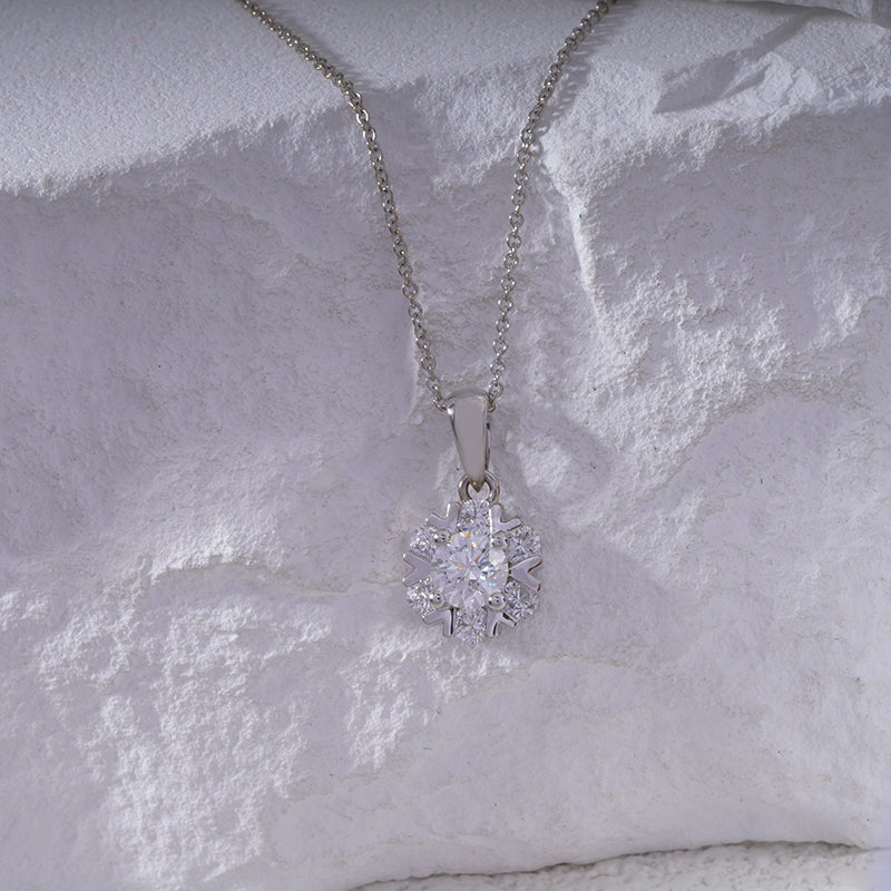 10mm, 0.8ct Round Cut Lab Diamond Snowflake Pendant Necklace in 18K Solid White Gold