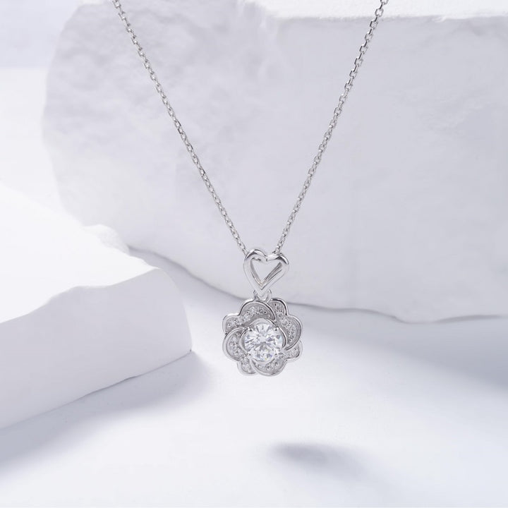 10mm, 0.5ct Round Cut Lab Diamond Rose Pendant Necklace in 18K Solid White Gold