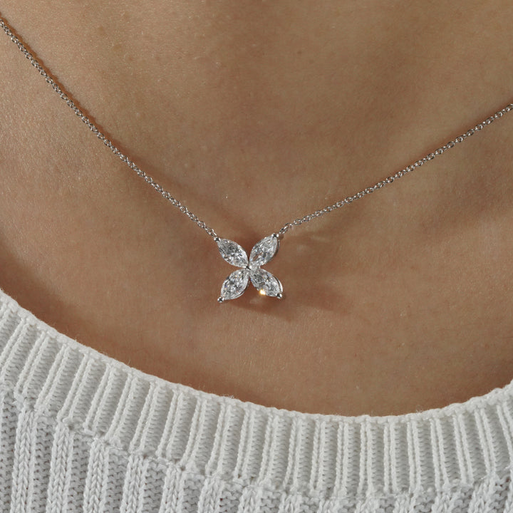 12mm, 0.9ct Marquise Cut Lab Diamond 4-Petal Flower Pendant Necklace in 18K Solid White Gold