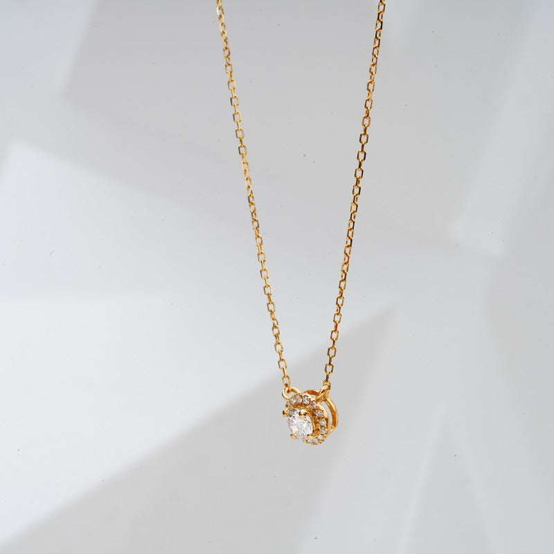 6mm, 0.3ctw Round Cut Lab Diamond with Halo Pendant Necklace in 18K Solid Yellow Gold