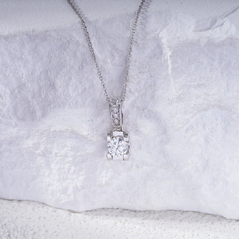 5mm, 0.6ct Round Cut Lab Diamond Pendant with Pavé-Bail Necklace in 18K Solid White Gold