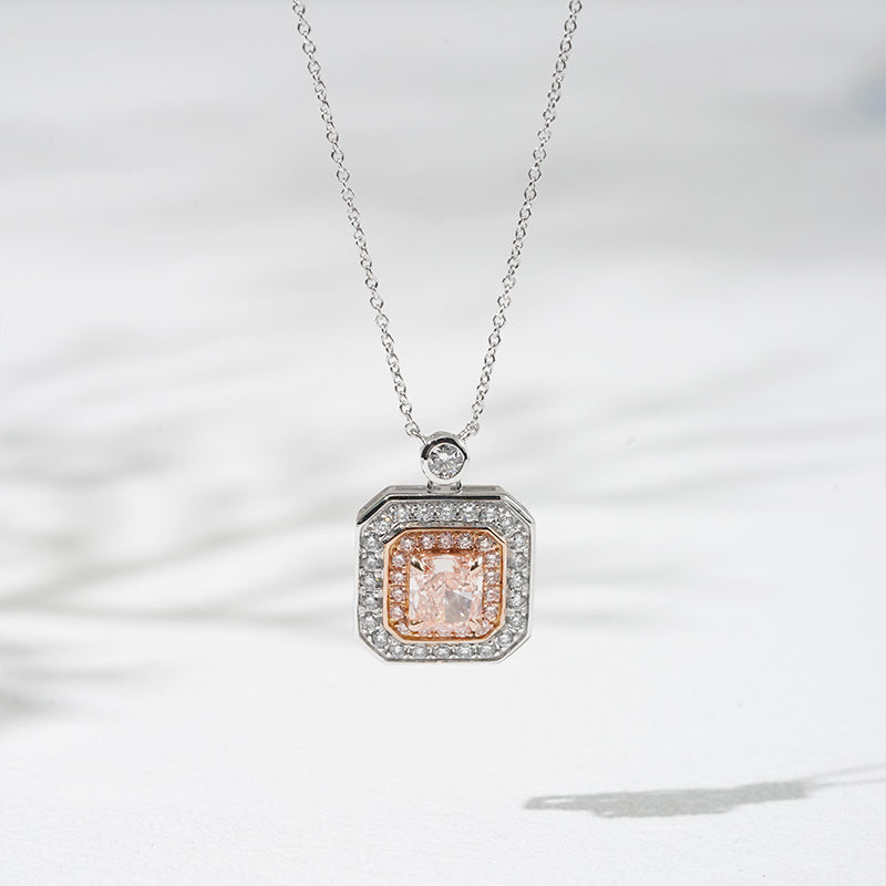 10*11mm, 1ct Square-Radiant Cut Pink Diamond with Pink/White Diamond Halo Pendant Necklace in 18K Solid White Gold