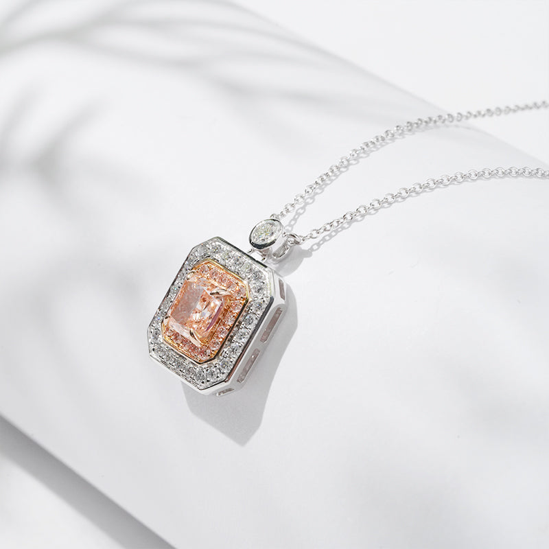 10*11mm, 1ct Square-Radiant Cut Pink Diamond with Pink/White Diamond Halo Pendant Necklace in 18K Solid White Gold