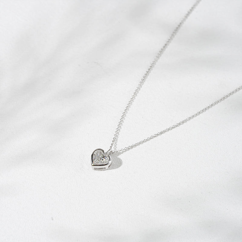 7mm, 1ct Bezel-Set Heart Cut Diamond Pendant Necklace in 18K Solid White Gold