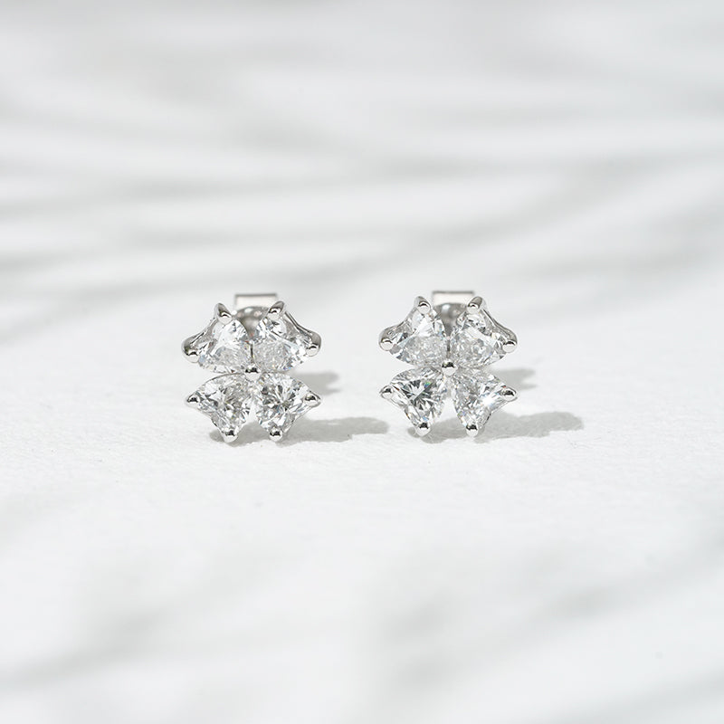 Lab-Diamond Heart cut Flower Earrings in 18K Solid White Gold