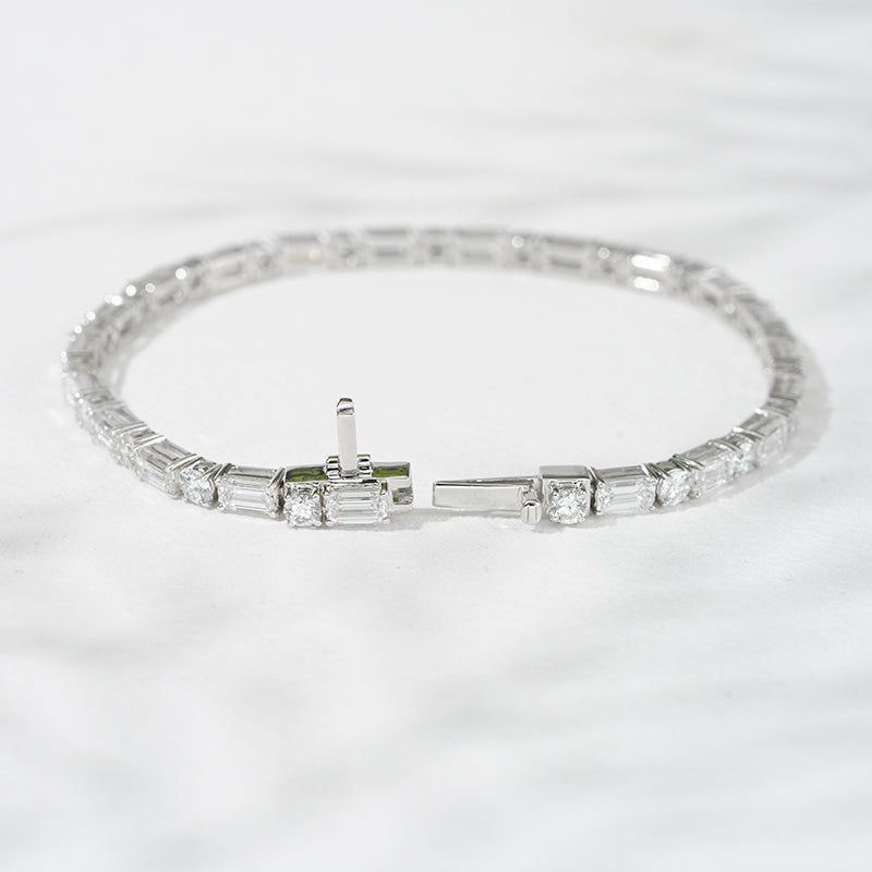 3mm, 9ct Round/Emerald Cut Diamond Tennis Bracelet in 18K Solid White Gold