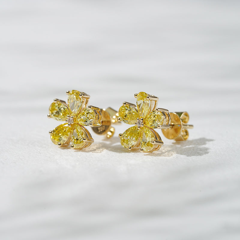 Lab-Yellow Diamond Flower Earrings in 18K Solid Yellow Gold