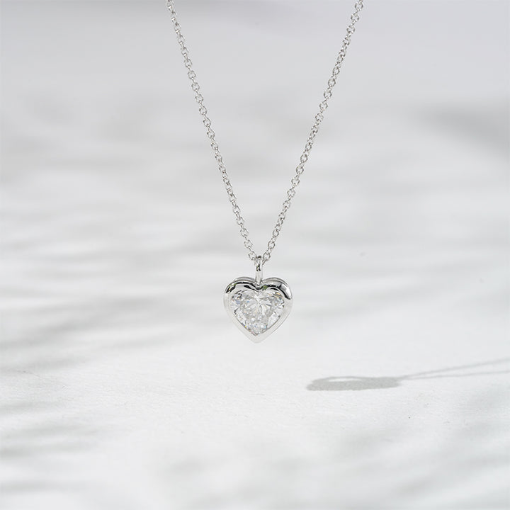 7mm, 1ct Bezel-Set Heart Cut Diamond Pendant Necklace in 18K Solid White Gold