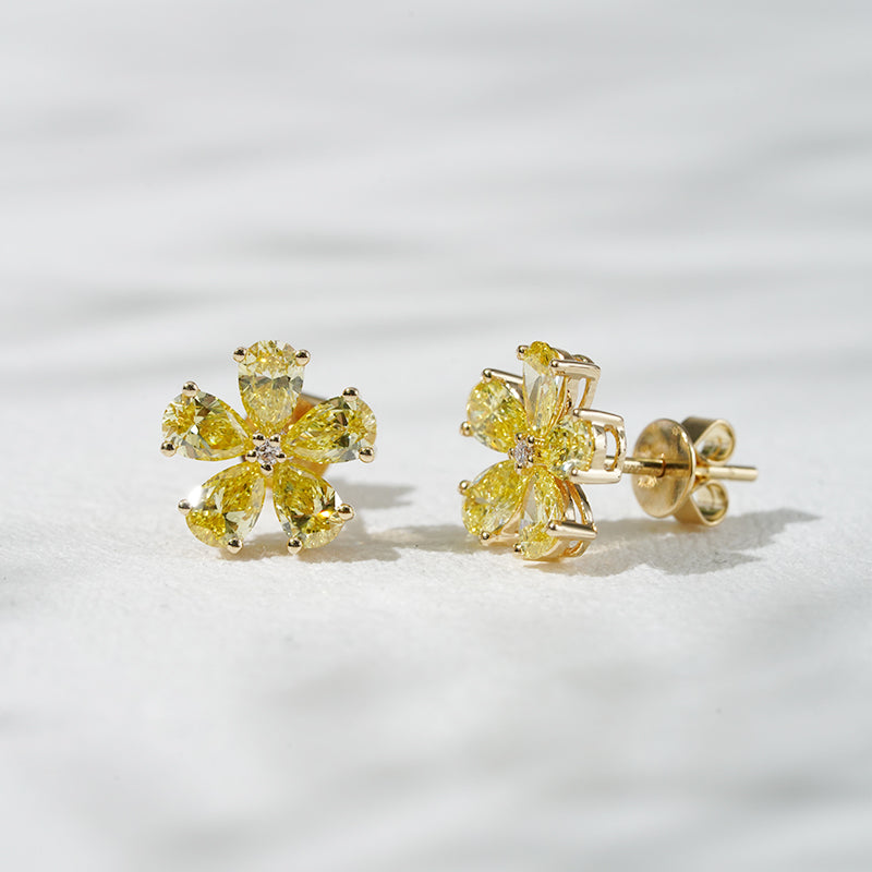 Lab-Yellow Diamond Flower Earrings in 18K Solid Yellow Gold