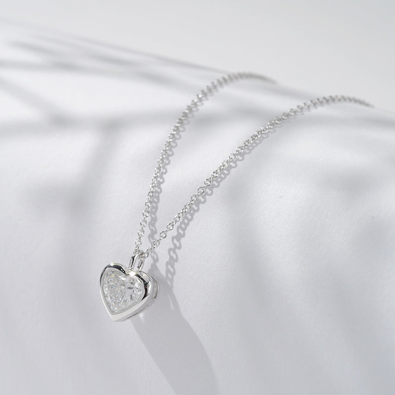 7mm, 1ct Bezel-Set Heart Cut Diamond Pendant Necklace in 18K Solid White Gold