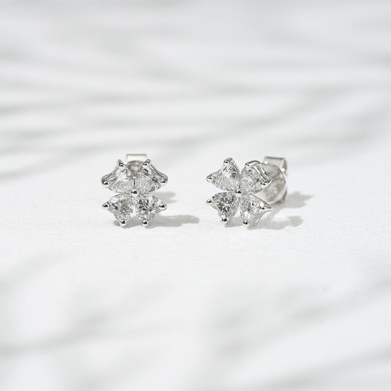 Lab-Diamond Heart cut Flower Earrings in 18K Solid White Gold