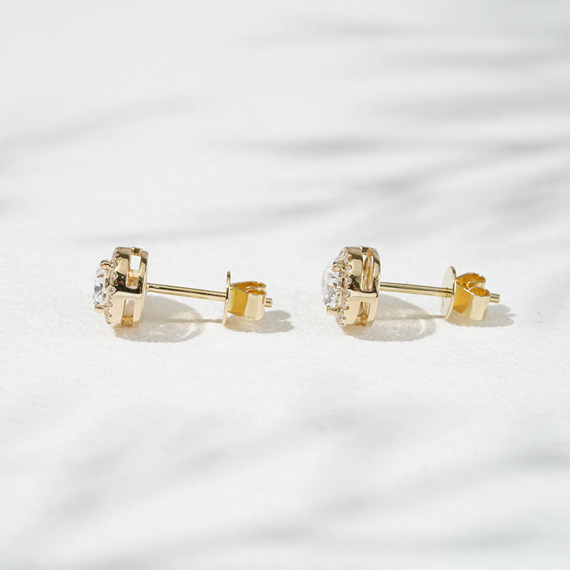 1.00ct Lab-Diamond Pear Cut Stud with Diamond Halo Earrings in 18K Solid Yellow Gold