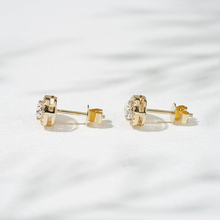 1.00ct Lab-Diamond Pear Cut Stud with Diamond Halo Earrings in 18K Solid Yellow Gold