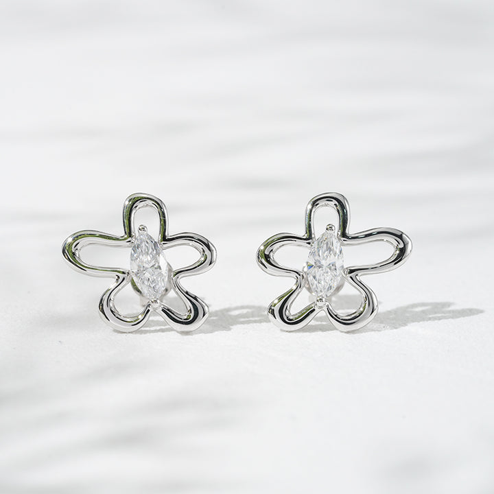0.65ct Lab-Diamond Marquise cut Diamond Floral Outline Earrings in 18K Solid White Gold