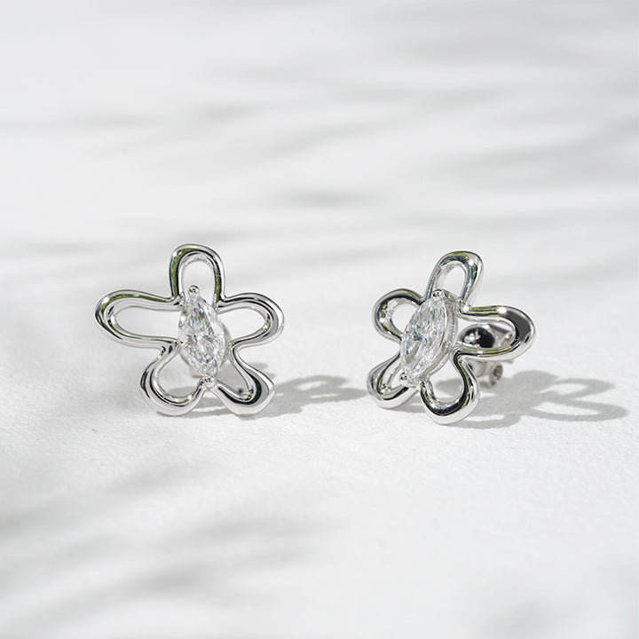 0.65ct Lab-Diamond Marquise cut Diamond Floral Outline Earrings in 18K Solid White Gold