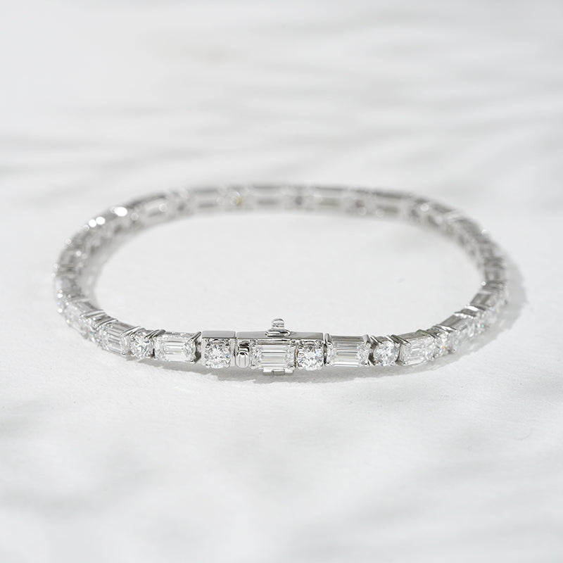 3mm, 9ct Round/Emerald Cut Diamond Tennis Bracelet in 18K Solid White Gold