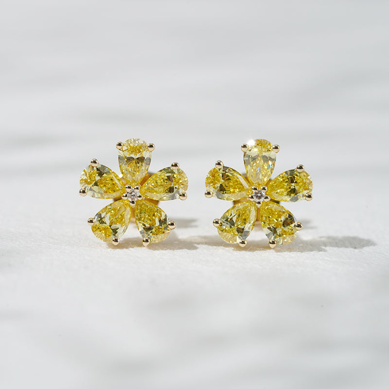 Lab-Yellow Diamond Flower Earrings in 18K Solid Yellow Gold