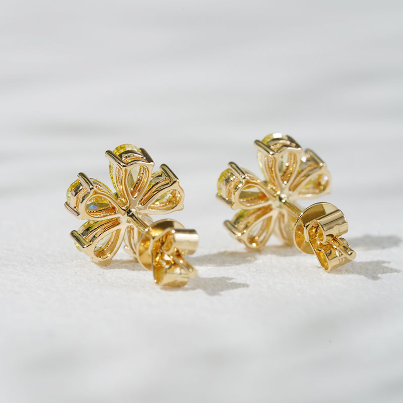 Lab-Yellow Diamond Flower Earrings in 18K Solid Yellow Gold