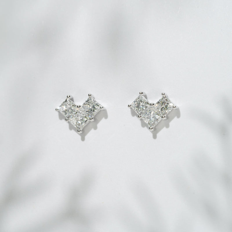 1.00ct Lab-Diamond Princess Cut Heart Earrings in 18K Solid White Gold