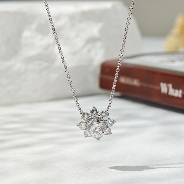 13mm, 2ctw Round Cut Lab Diamond Sunburst Pendant Necklace