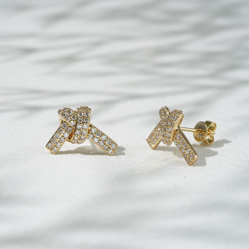 Lab-Diamond Knot Earrings in 14K Solid Yellow/White Gold