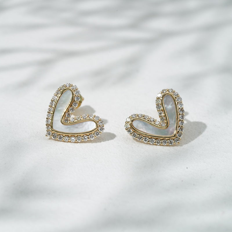 Mother-Of-Pearl Heart Earrings with Lab-Grown Diamonds in 14K Solid Yellow/White Gold