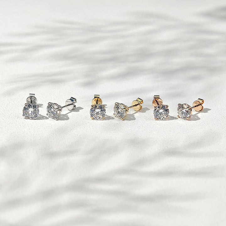 5mm, 1.00ct total Classic Four-Prong Diamond Earrings in 18K Solid White/Yellow/Rose Gold