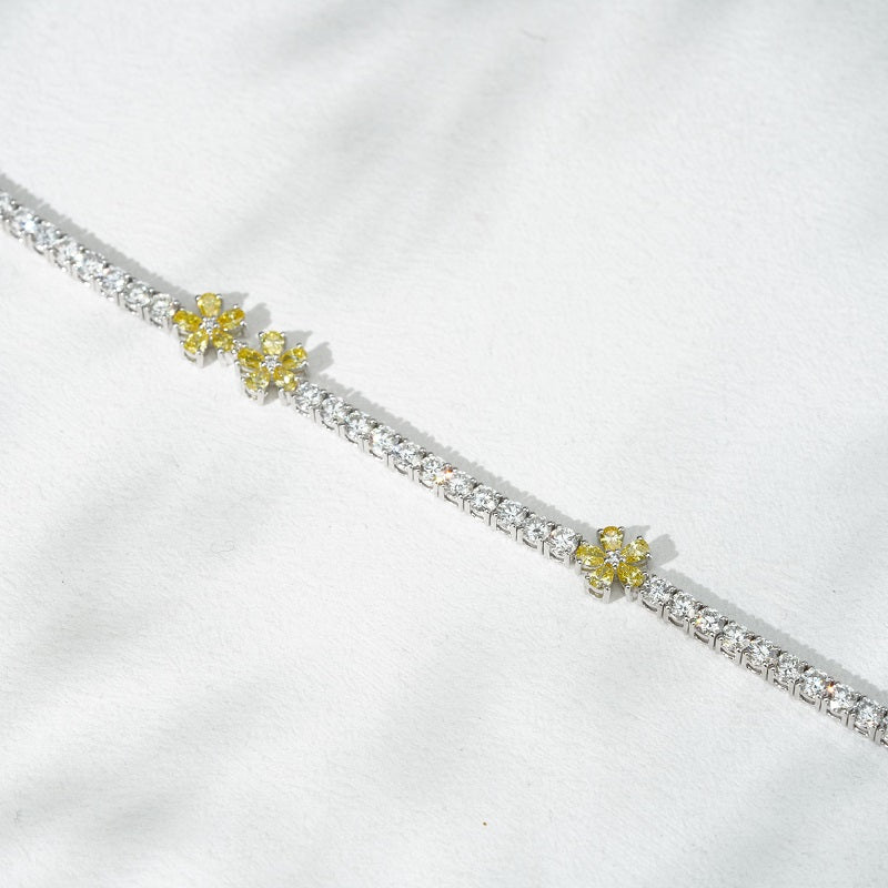 3mm, 7.5ct Round Cut Diamond Tennis Bracelet with Yellow Diamond Flowers in 14K Solid White Gold