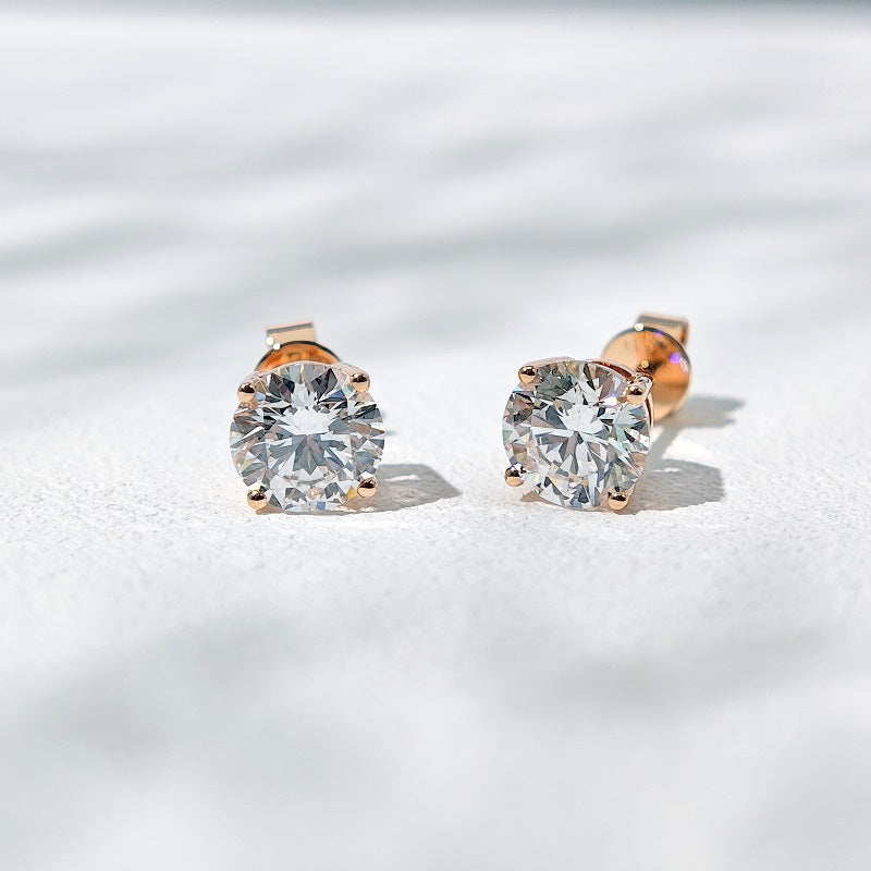 6.5mm, 2.00ct total Classic Four-Prong Diamond Earrings in 18K Solid White/Yellow/Rose Gold