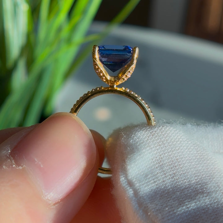 Customized™ 3.75ct Asscher Cut Natural Tanzanite Ring with Half-Eternity/Hidden Halo Design in Yellow Gold