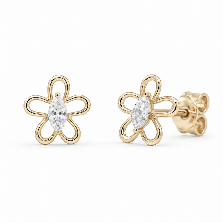 Marquise Lab Diamond Floral Outline Earrings in 14K Yellow Gold
