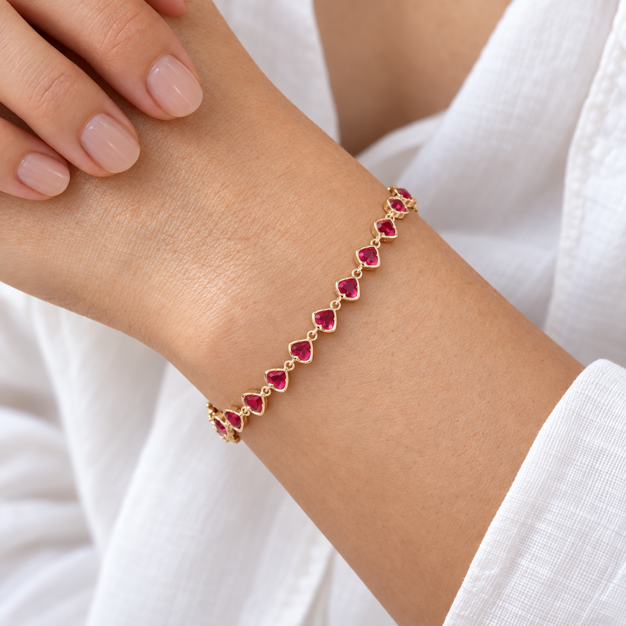 Bezel-Set Heart Lab Ruby Bracelet — 8ctw (3mm)