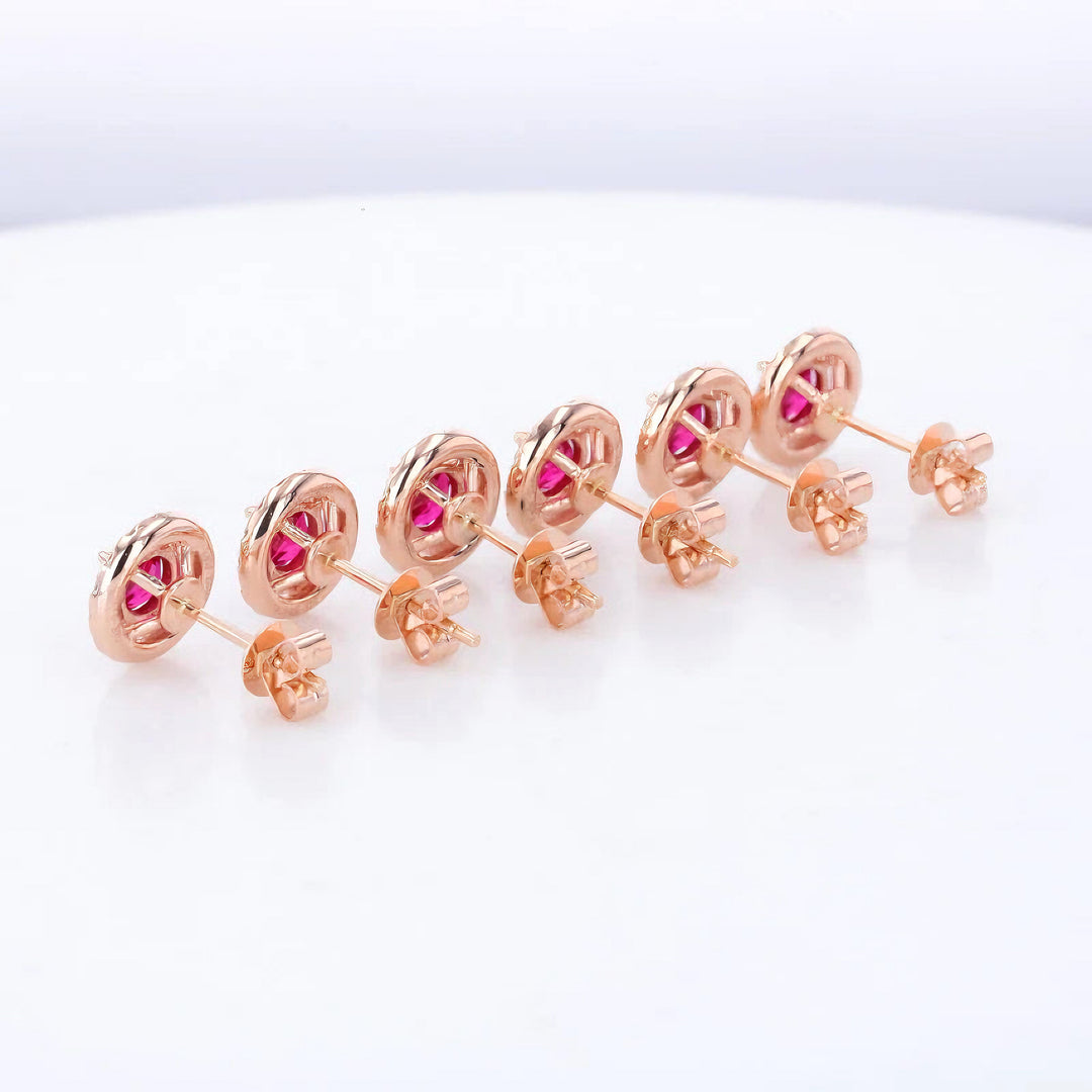 4.5mm, 0.50ct Each Round Lab-Grown Red Ruby with Diamond Halo Earrings in 14K Rose Gold